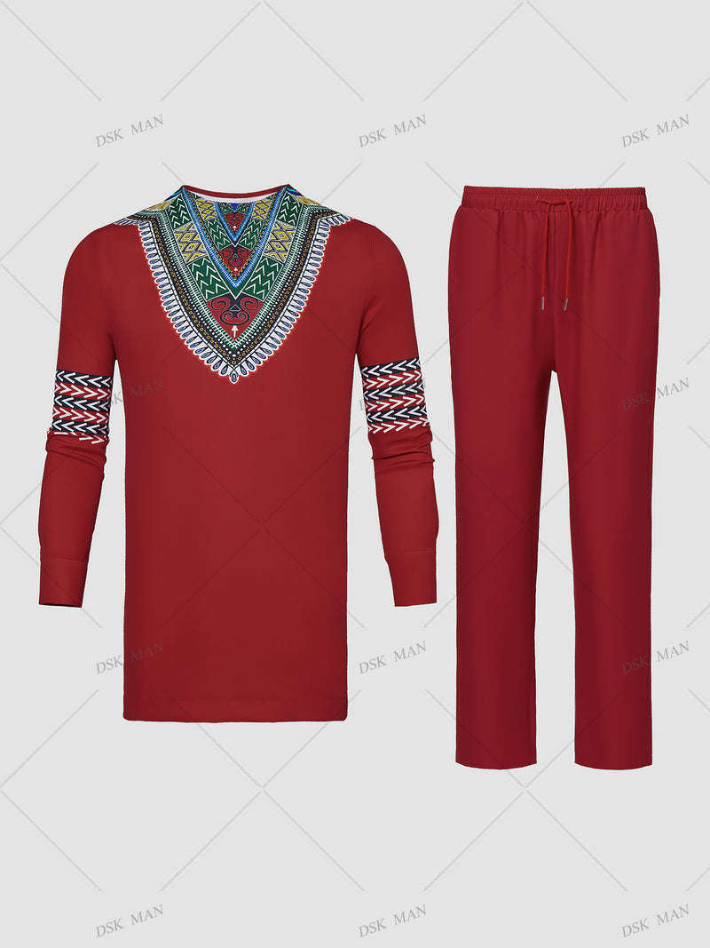 Plus Size African Dashiki Ethnic Printed Red Men's Set