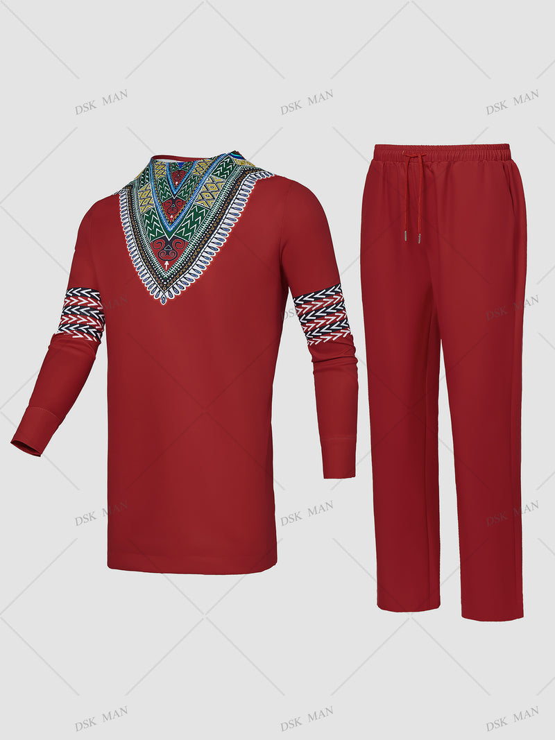 Plus Size African Dashiki Ethnic Printed Red Men's Set