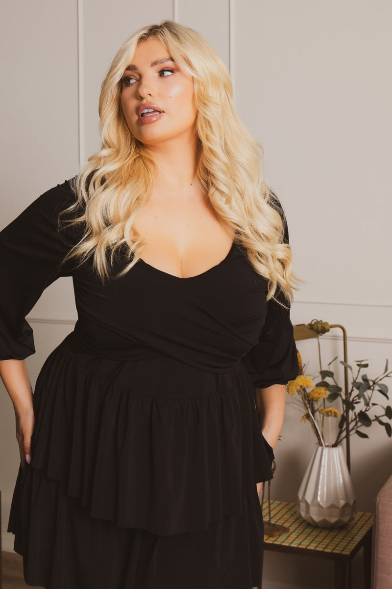 Plus Size Maggie Cross Wrap Mini Dress- Black