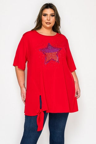 100 SD {I Still Believe} Red Star Print Tie Hem Tunic EXTENDED PLUS SIZE 3X 4X 5X