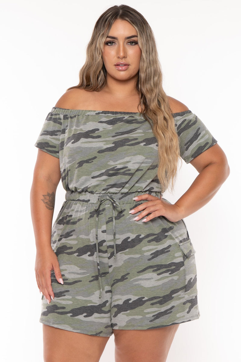 Plus Size Erene Camo Cargo Romper - Green