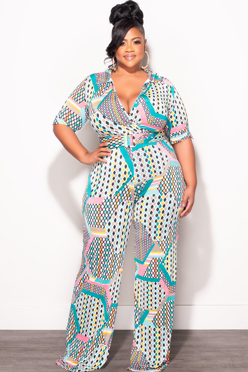 Final Sale Plus Size Collar Faux Wrap Jumpsuit with Belt in Light Turquoise & Pink Polka Dot Multi Color Print