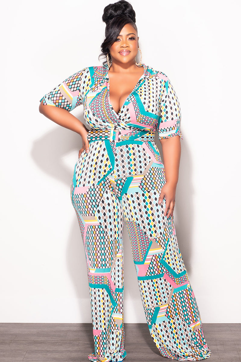 Final Sale Plus Size Collar Faux Wrap Jumpsuit with Belt in Light Turquoise & Pink Polka Dot Multi Color Print