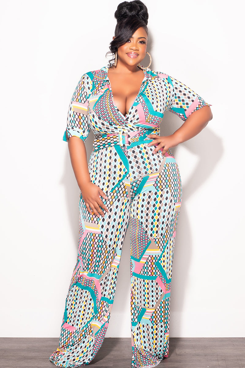 Final Sale Plus Size Collar Faux Wrap Jumpsuit with Belt in Light Turquoise & Pink Polka Dot Multi Color Print