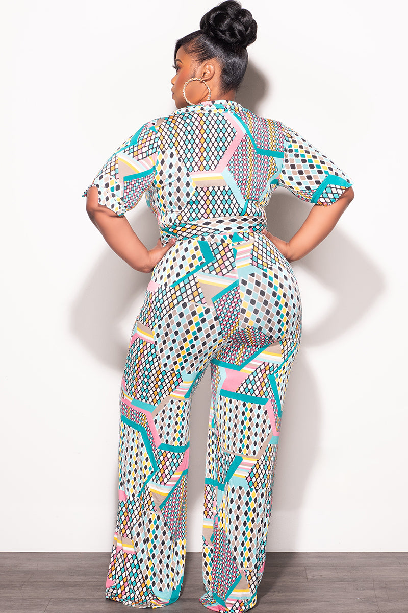 Final Sale Plus Size Collar Faux Wrap Jumpsuit with Belt in Light Turquoise & Pink Polka Dot Multi Color Print