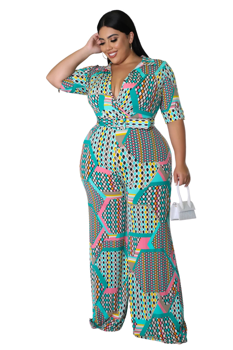 Final Sale Plus Size Collar Faux Wrap Jumpsuit with Belt in Light Turquoise & Pink Polka Dot Multi Color Print