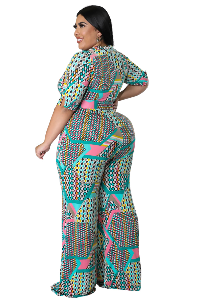 Final Sale Plus Size Collar Faux Wrap Jumpsuit with Belt in Light Turquoise & Pink Polka Dot Multi Color Print
