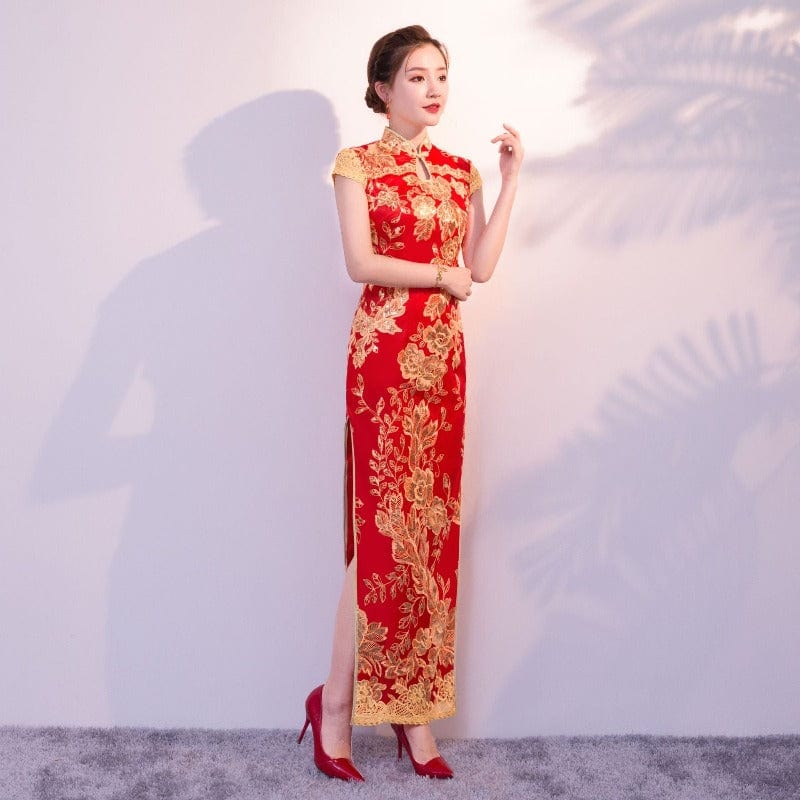 Floral embroidery, sequins long plus size Qipao