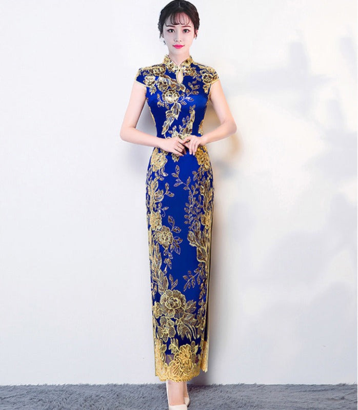 Floral embroidery, sequins long plus size Qipao