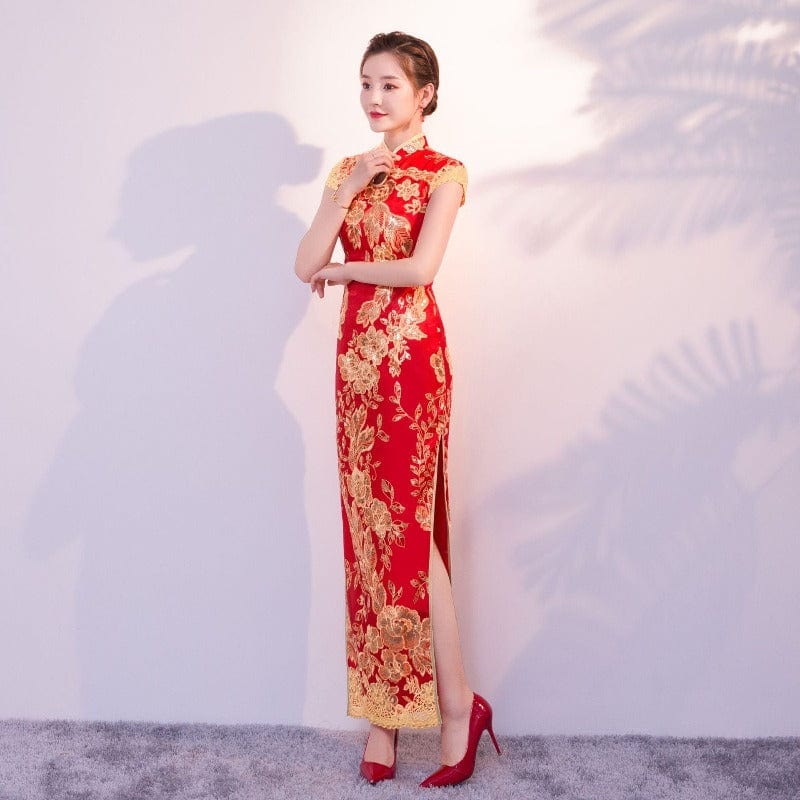 Floral embroidery, sequins long plus size Qipao