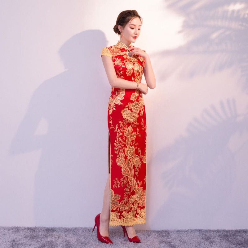 Floral embroidery, sequins long plus size Qipao