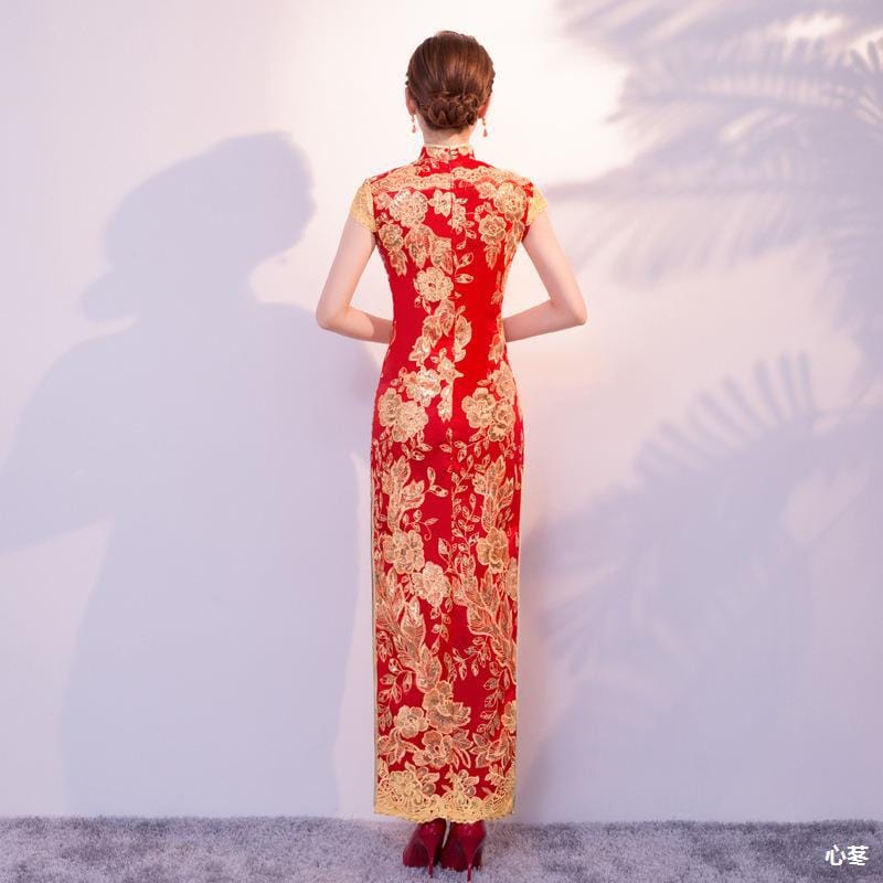 Floral embroidery, sequins long plus size Qipao