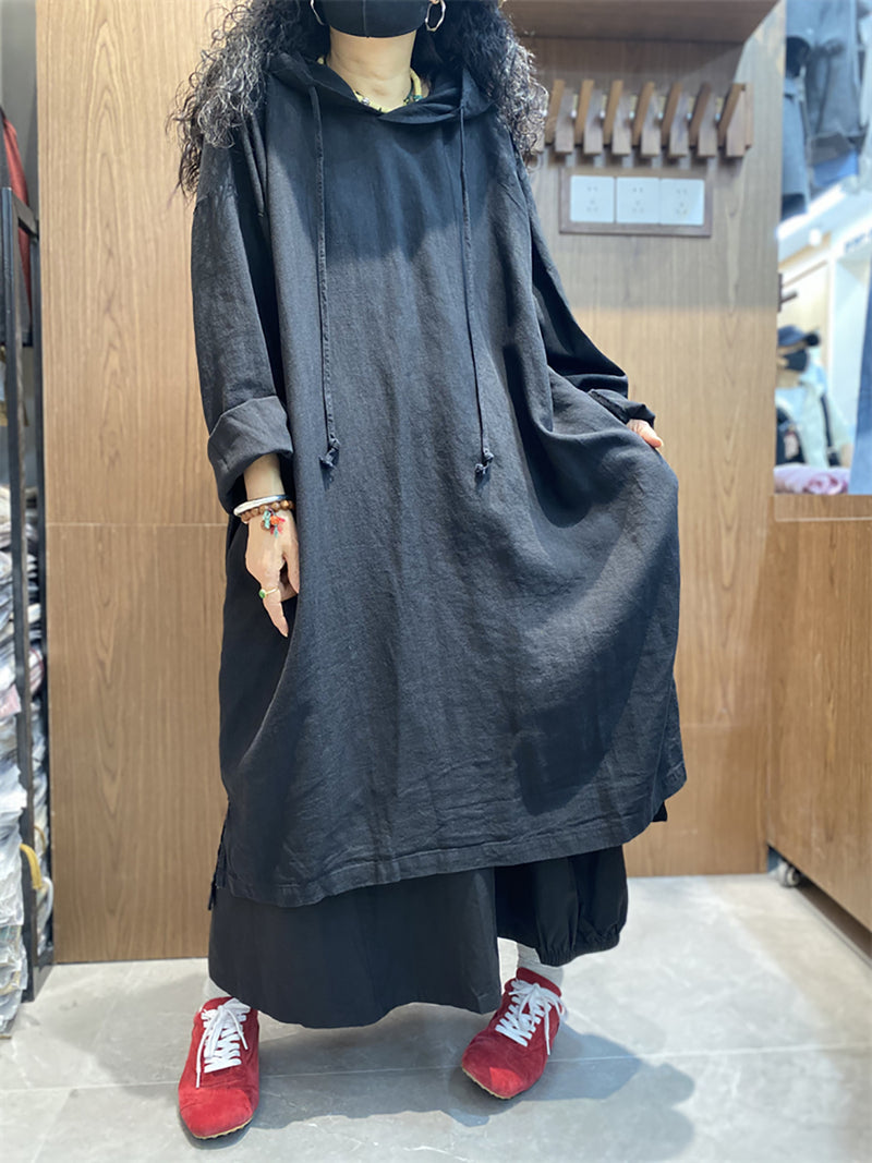 Plus Size Women Spring Casual Pure Color Loose Hooded Dress