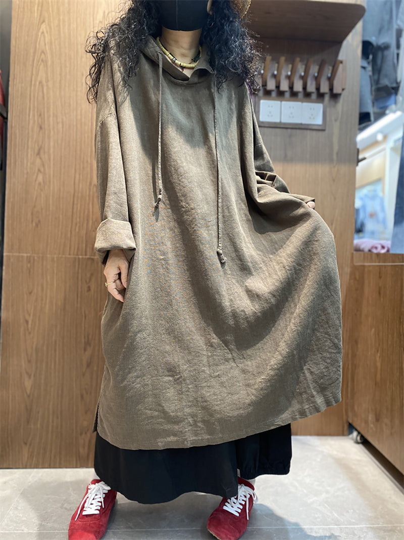Plus Size Women Spring Casual Pure Color Loose Hooded Dress