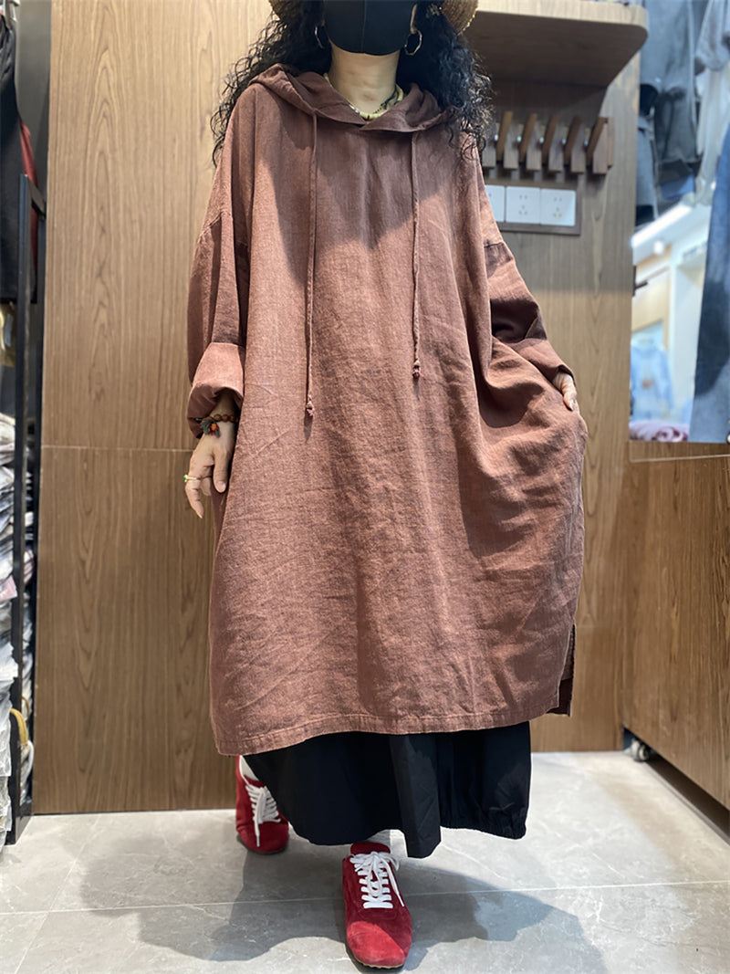 Plus Size Women Spring Casual Pure Color Loose Hooded Dress