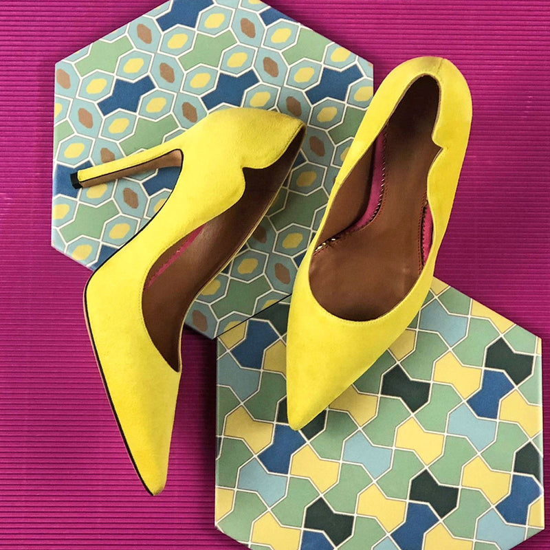 Women's Genoa Pointed Toe Leather Heels Wide Plus Size Lemon Yellow 4768