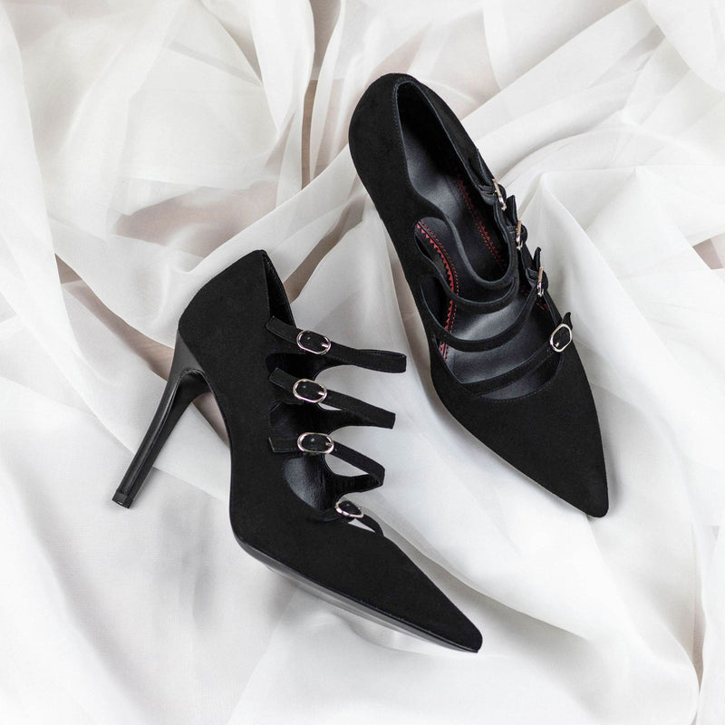 Women's Venice Pointed Toe Leather Heels Wide Plus Size Luxury Black 4772