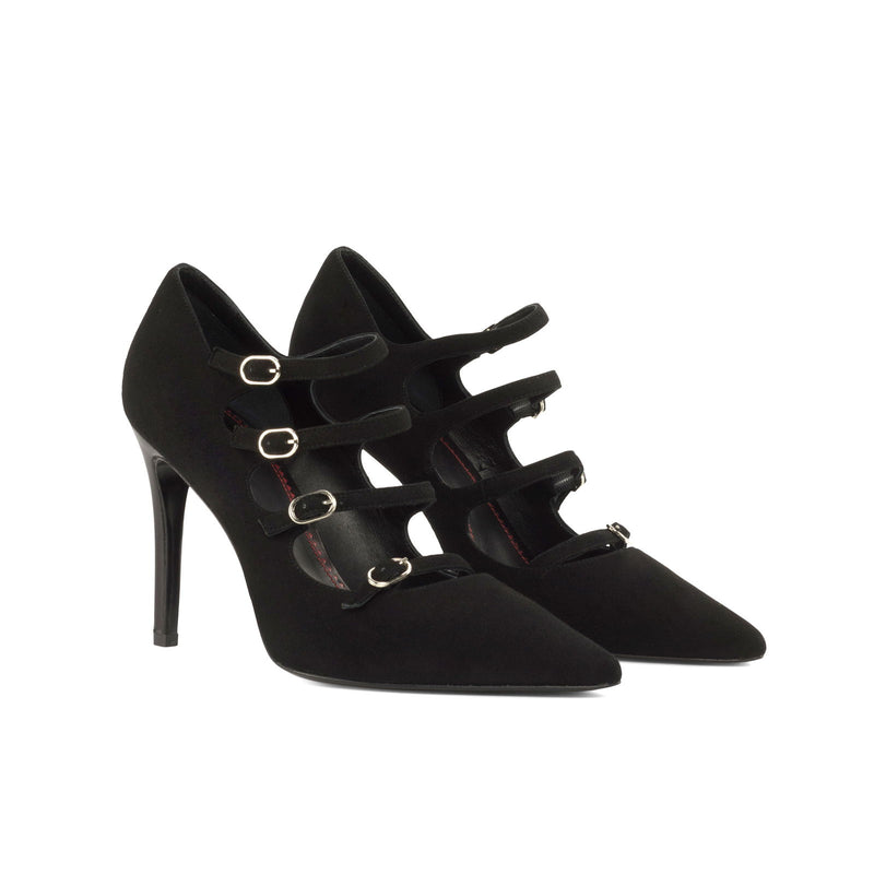 Women's Venice Pointed Toe Leather Heels Wide Plus Size Luxury Black 4772