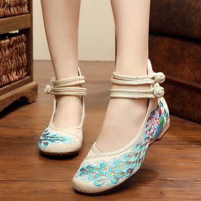 Ticha Oriental Floral Embroidery Colour Block Ankle Cuff Covered Toes Short Heel Ballet Flats Shoes (Red, Green, Black)