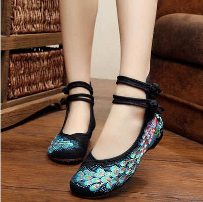 Ticha Oriental Floral Embroidery Colour Block Ankle Cuff Covered Toes Short Heel Ballet Flats Shoes (Red, Green, Black)