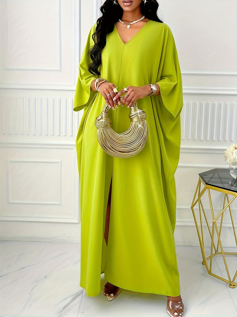 Plus Size Solid Color Split Dress, Elegant Batwing Sleeve V Neck Maxi Dress For Spring & Summer, Women's Plus Size Clothing