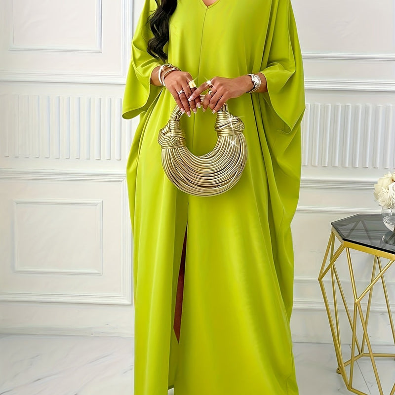 Plus Size Solid Color Split Dress, Elegant Batwing Sleeve V Neck Maxi Dress For Spring & Summer, Women's Plus Size Clothing