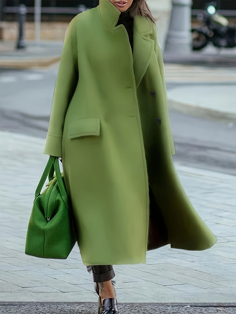 Plus Size Solid Button Coat, Casual Long Sleeve Lapel Outwear For Fall & Winter, Women's Plus SizeClothing