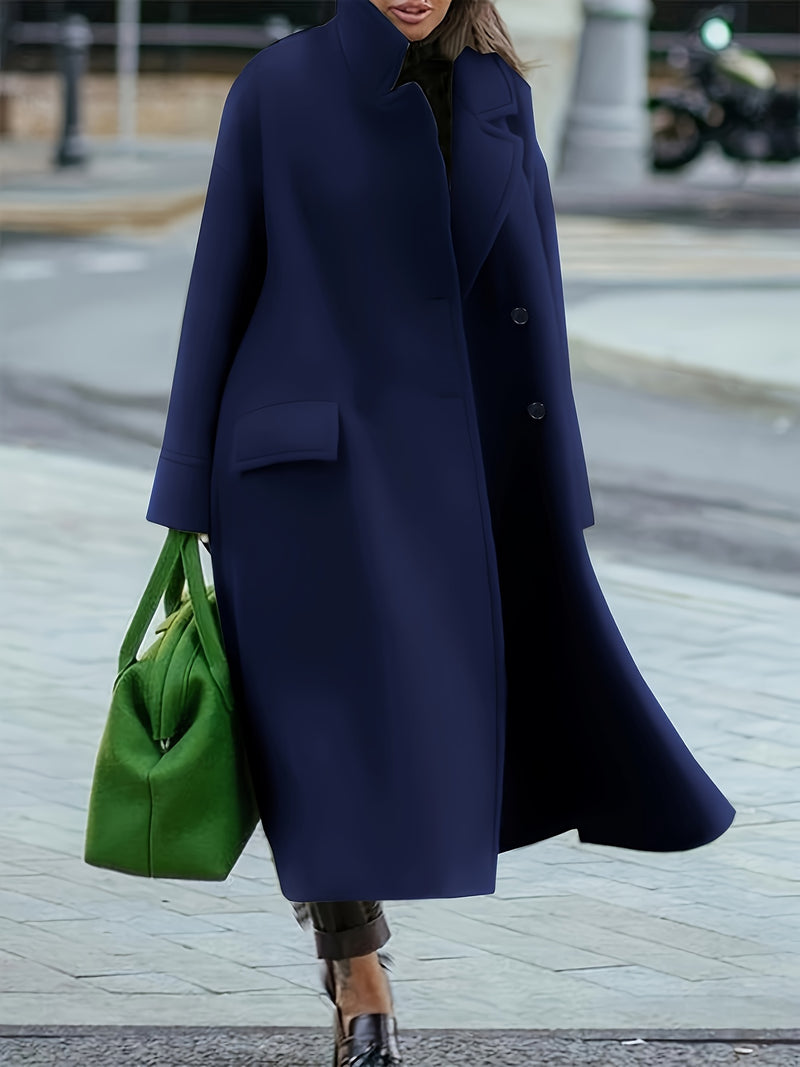 Plus Size Solid Button Coat, Casual Long Sleeve Lapel Outwear For Fall & Winter, Women's Plus SizeClothing