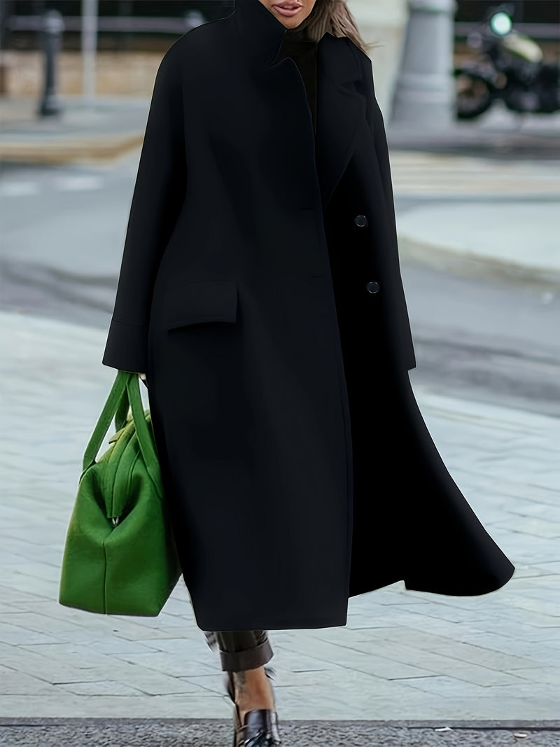 Plus Size Solid Button Coat, Casual Long Sleeve Lapel Outwear For Fall & Winter, Women's Plus SizeClothing