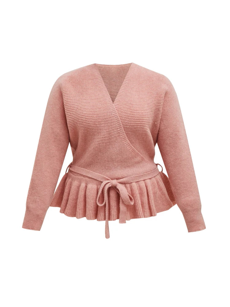 ONELINK Pink Autumn Winter Plus Size Women Woolen Pullover Sweater V Neck Cross Wrap Ruffle Hem Belt Waist Oversize Clothing