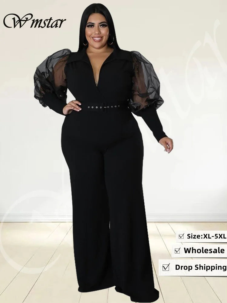 Wmstar Jumpsuit Plus Size Women Clothes V Neck with Belt Single Mesh Sleeve Elegant Bodysuit Office Lady