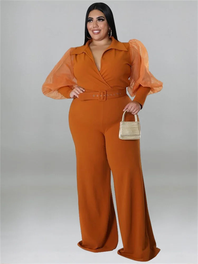 Wmstar Jumpsuit Plus Size Women Clothes V Neck with Belt Single Mesh Sleeve Elegant Bodysuit Office Lady