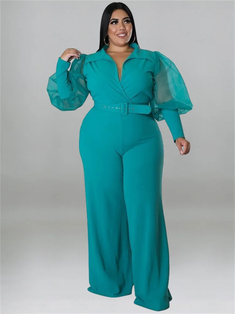 Wmstar Jumpsuit Plus Size Women Clothes V Neck with Belt Single Mesh Sleeve Elegant Bodysuit Office Lady