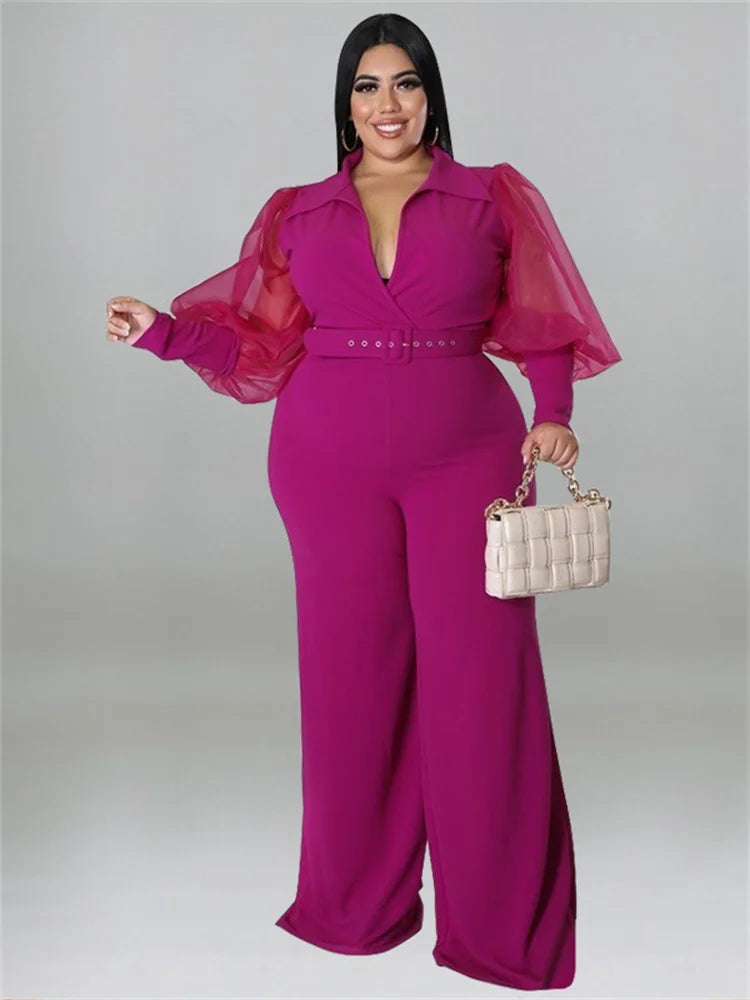 Wmstar Jumpsuit Plus Size Women Clothes V Neck with Belt Single Mesh Sleeve Elegant Bodysuit Office Lady