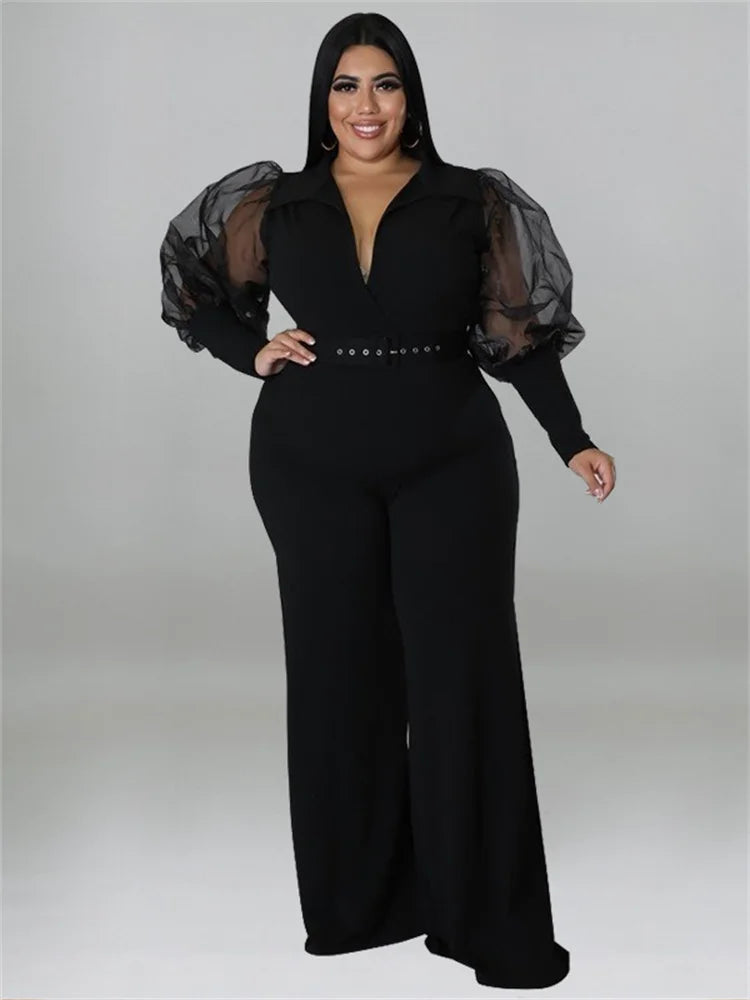 Wmstar Jumpsuit Plus Size Women Clothes V Neck with Belt Single Mesh Sleeve Elegant Bodysuit Office Lady