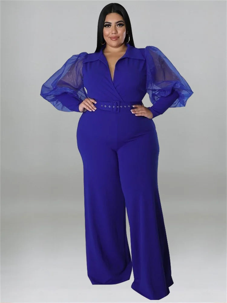 Wmstar Jumpsuit Plus Size Women Clothes V Neck with Belt Single Mesh Sleeve Elegant Bodysuit Office Lady
