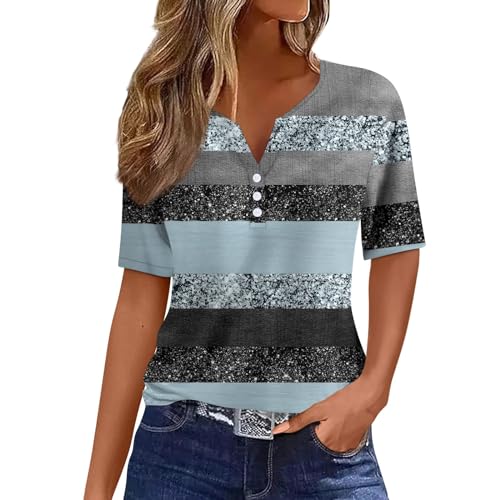 Women'S Plus Size Shirts Tunics for Women 2024 Teen Summer Clothes V Neck Short Sleeve Tops Button Blouse Top Cute Shirts for Women Trendy Casual Summer Tops Womens Tops Turquoise XL