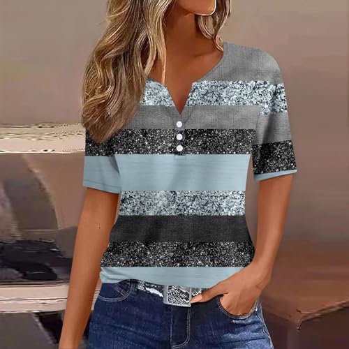 Women'S Plus Size Shirts Tunics for Women 2024 Teen Summer Clothes V Neck Short Sleeve Tops Button Blouse Top Cute Shirts for Women Trendy Casual Summer Tops Womens Tops Turquoise XL