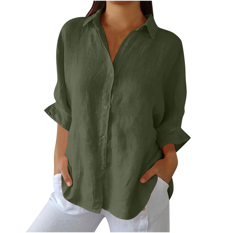 FOCLMP Women Button Down Shirts Cotton Linen Blouse Tops 3/4 Sleeve Gauze Collar Shirt Tunic Loose Fit Fashion Trendy Clothes Shirts for Women Plus Size Dressy Green S