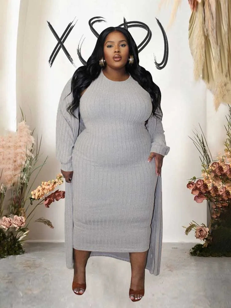 4x Plus Size Women Clothing Sets Autumn Long Cardigan Dress Suit Chic