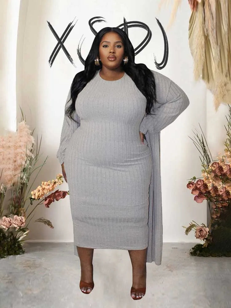 4x Plus Size Women Clothing Sets Autumn Long Cardigan Dress Suit Chic