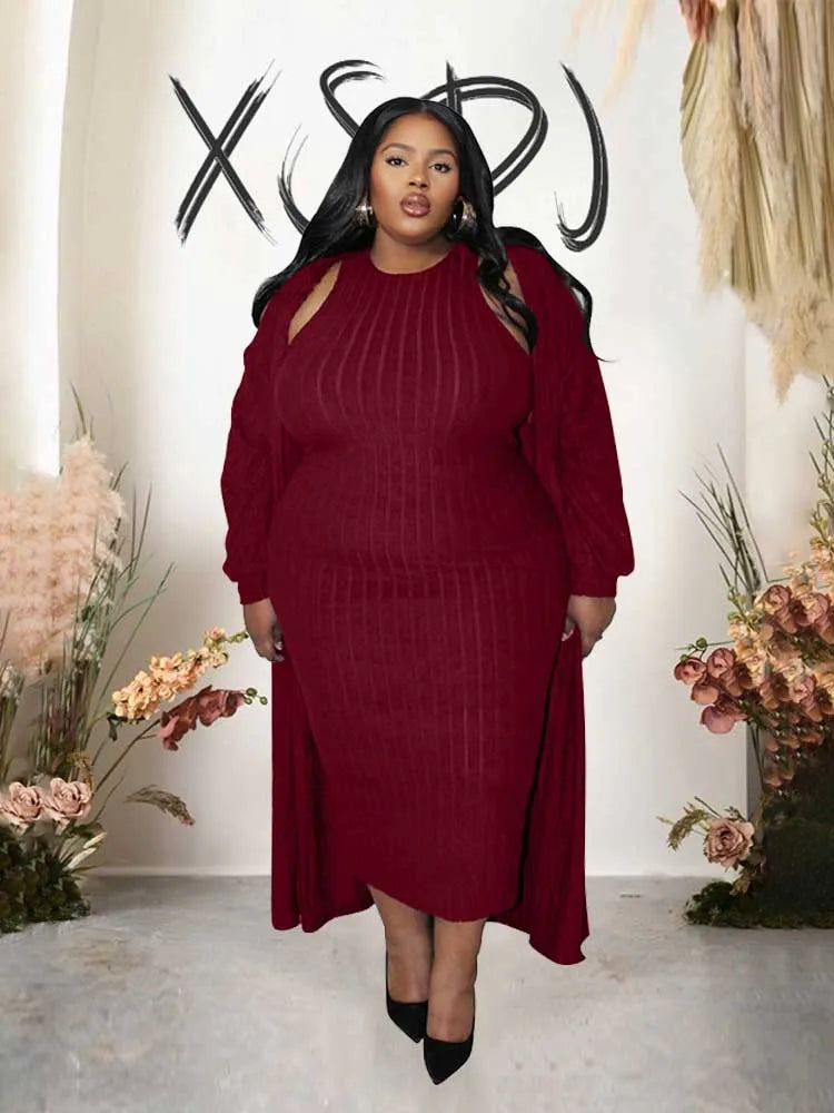 4x Plus Size Women Clothing Sets Autumn Long Cardigan Dress Suit Chic