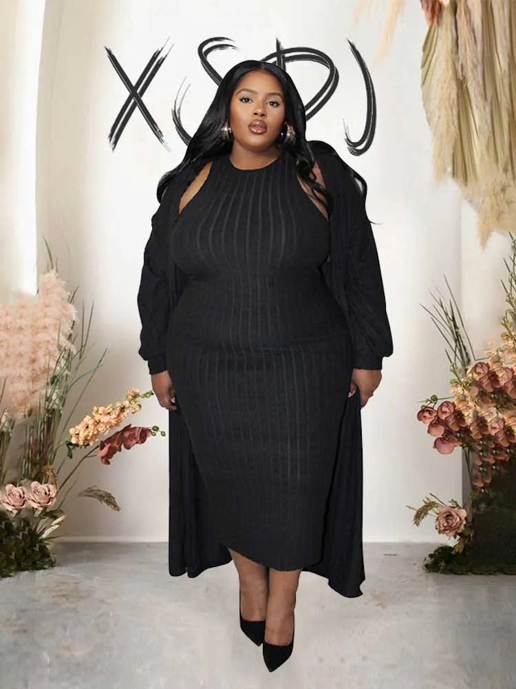 4x Plus Size Women Clothing Sets Autumn Long Cardigan Dress Suit Chic