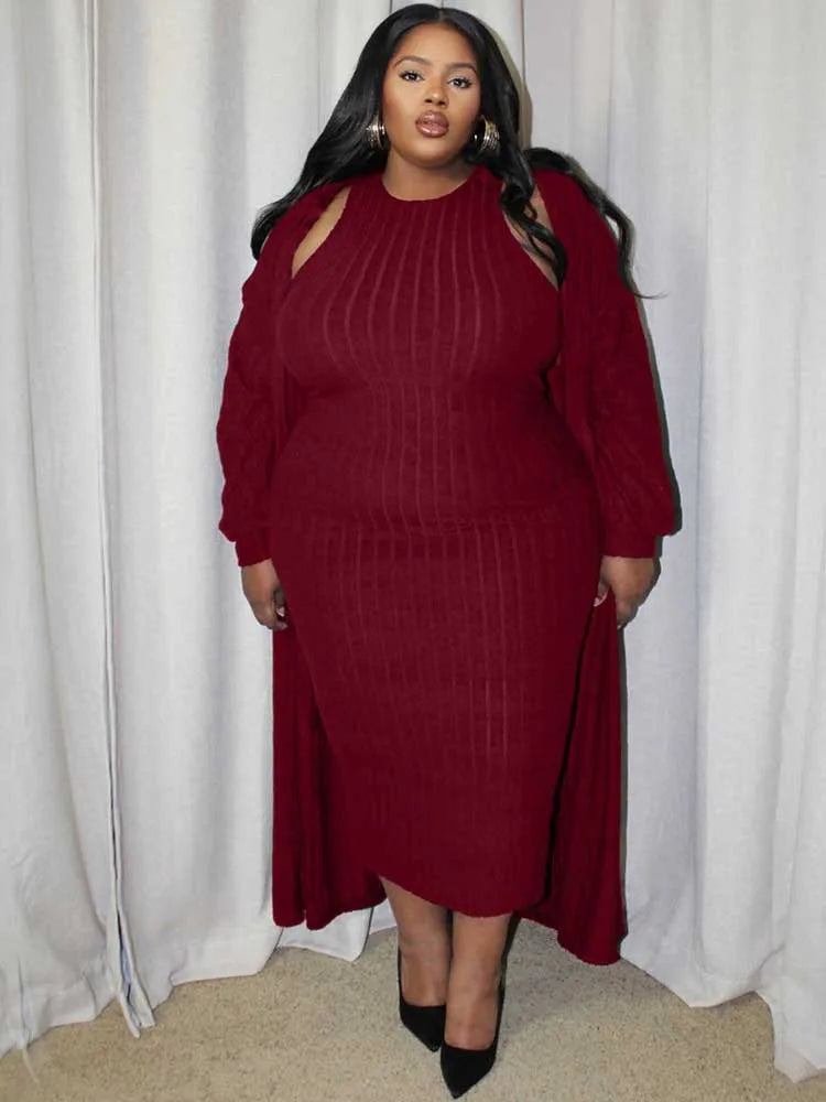 4x Plus Size Women Clothing Sets Autumn Long Cardigan Dress Suit Chic