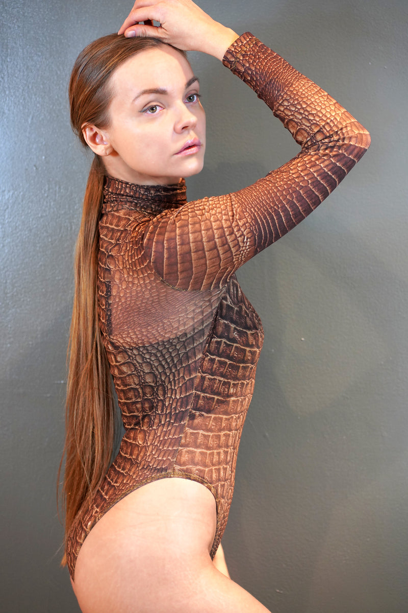 Crocodile Print Sheer Mesh Bodysuit