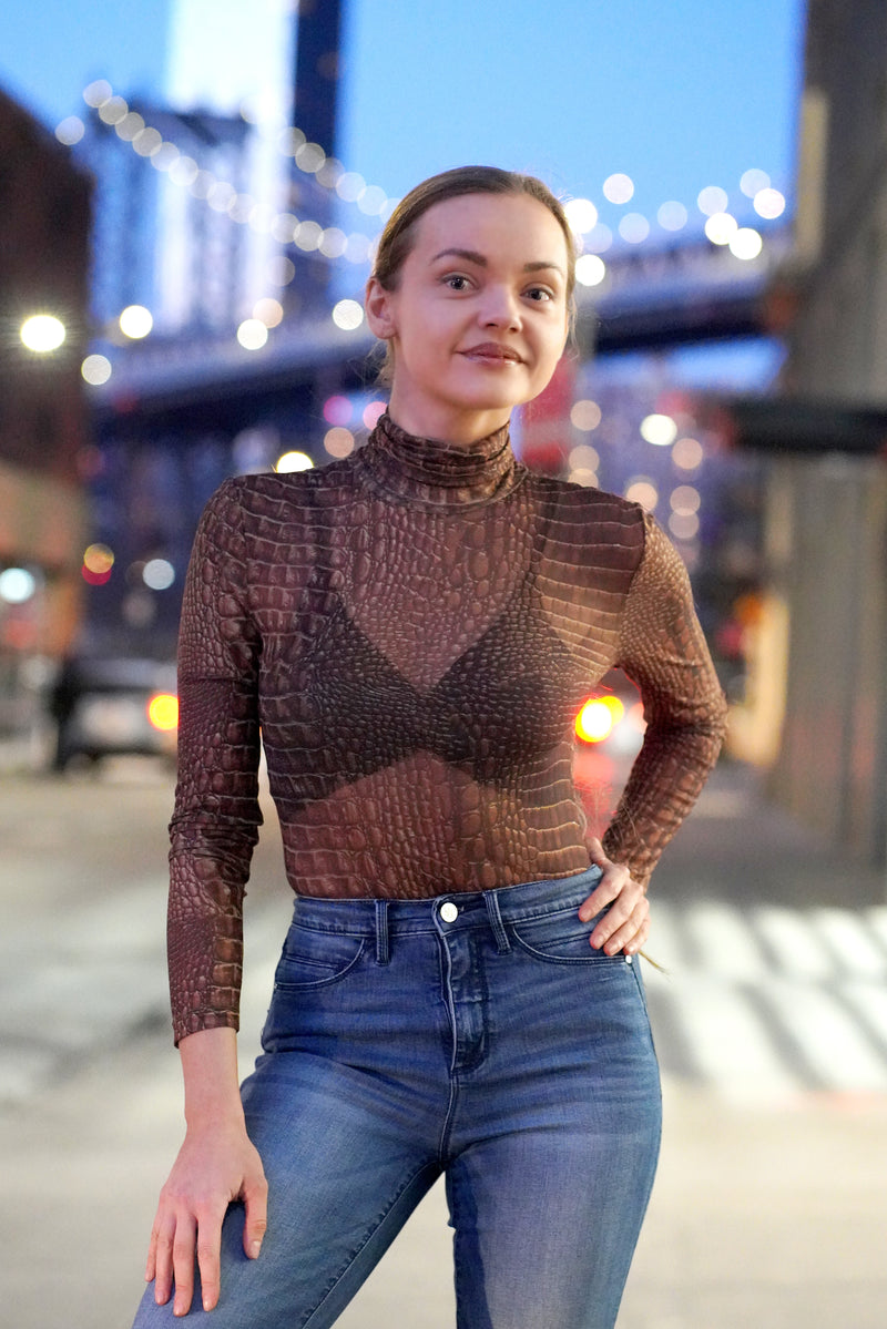 Crocodile Print Sheer Mesh Bodysuit
