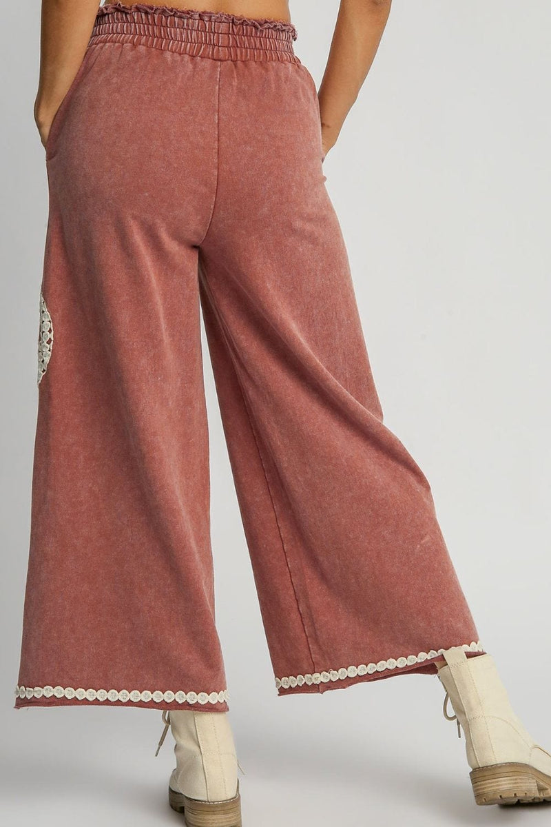 Umgee Full Size Peace Lace Applique Mineral Wash Wide Leg Pants Plus Size