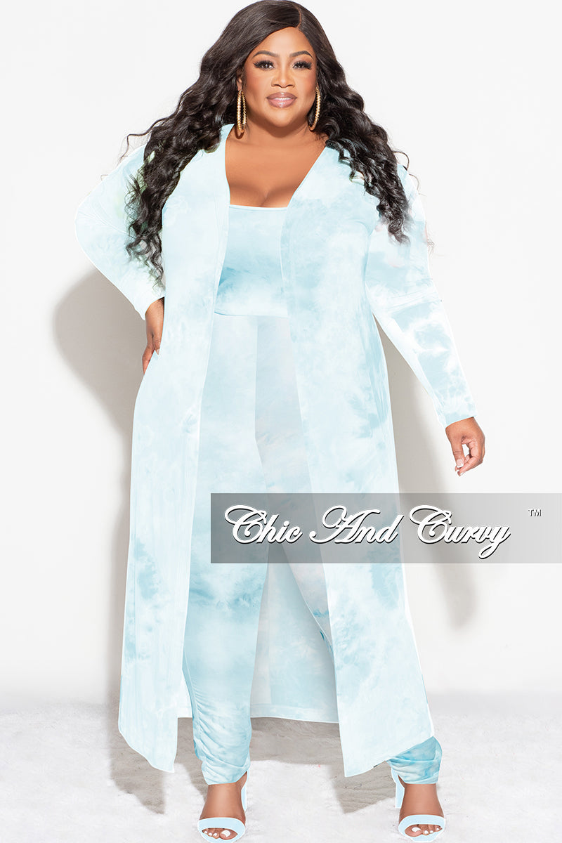 Final Sale Plus Size 3pc (Duster, Crop Tank Top & Pants) Set in Blue Cloud Print