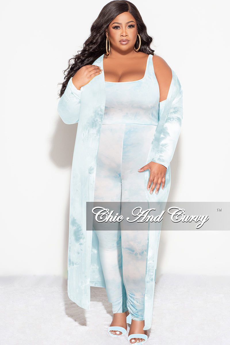 Final Sale Plus Size 3pc (Duster, Crop Tank Top & Pants) Set in Blue Cloud Print