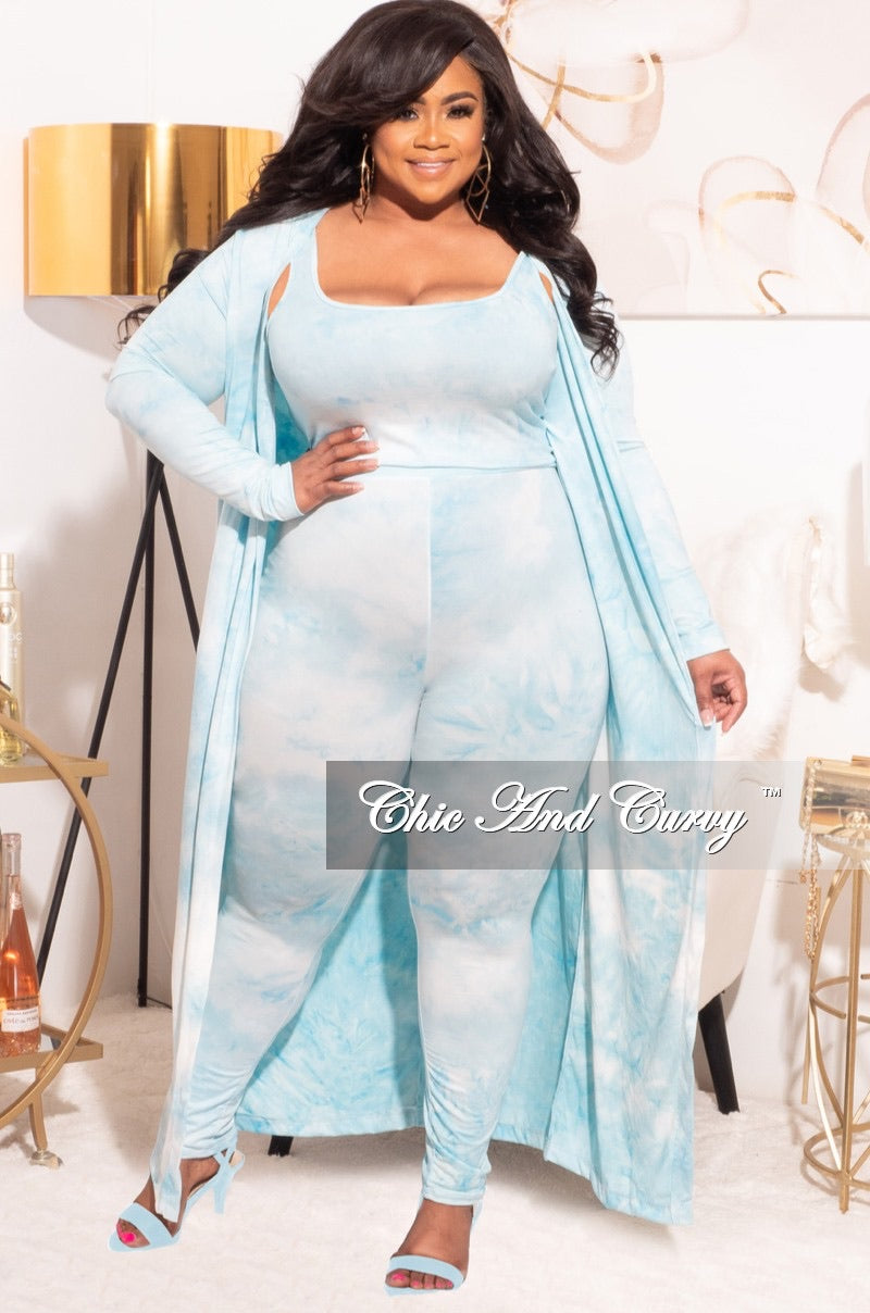 Final Sale Plus Size 3pc (Duster, Crop Tank Top & Pants) Set in Blue Cloud Print
